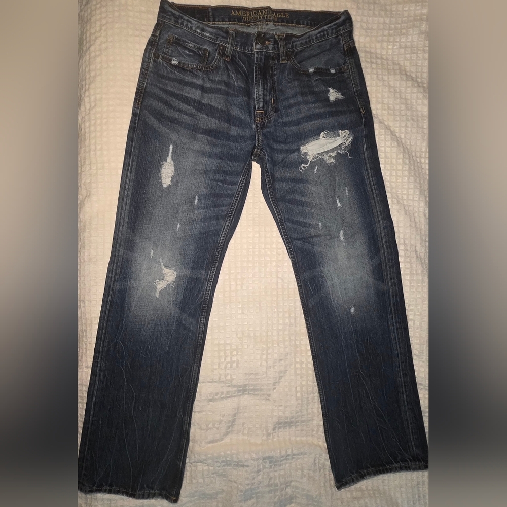 American Eagle Jeans Original Boot Mens 32x32 Blue Distressed Denim Jeans